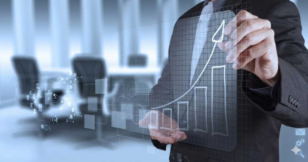 Business professional drawing an upward growth chart on a transparent digital screen, symbolizing the key elements and techniques taught in effective presentation skills training.