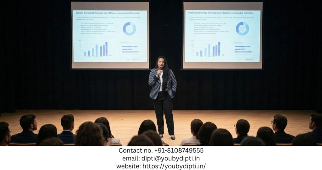 Coach Dipti presenting business results and growth strategies to senior executives in a corporate boardroom presentation skills session.
