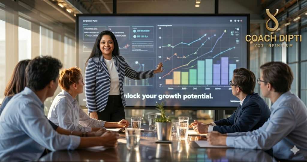 Coach Dipti conducting presentation skills training in a corporate boardroom