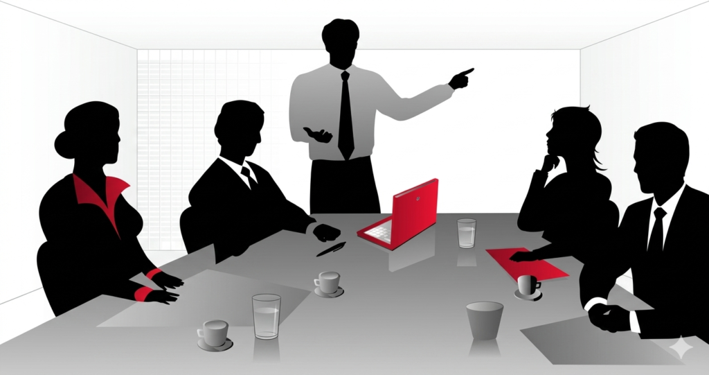 Corporate trainer conducting a soft skills training session with a group of professionals in a modern boardroom, focusing on improving team performance and leadership skills.